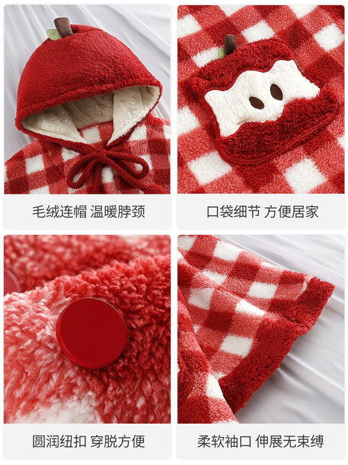 Apple-Design Hooded Fleece Pajama Robe 🇰🇷