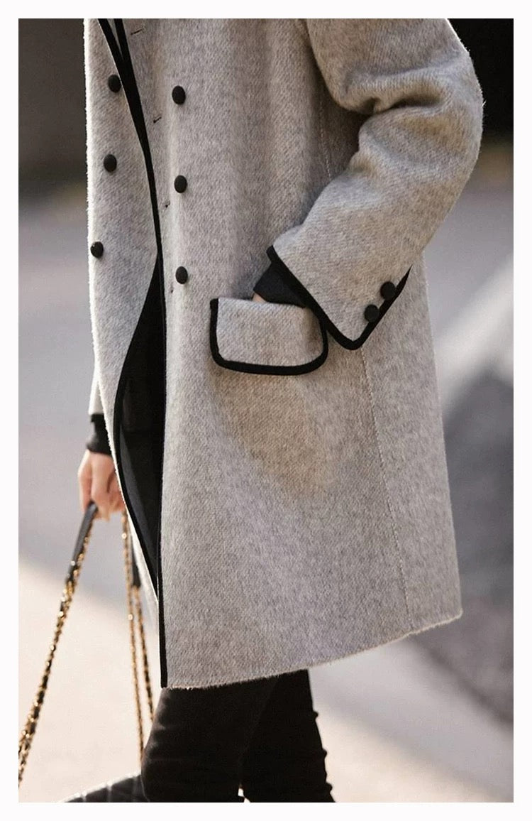 Classic Grey Wool Coat with Contrast Black Trim