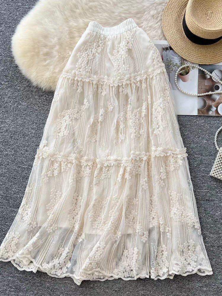 Floral Embroidered Mesh Long Skirt