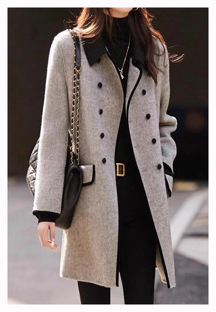 Classic Grey Wool Coat with Contrast Black Trim