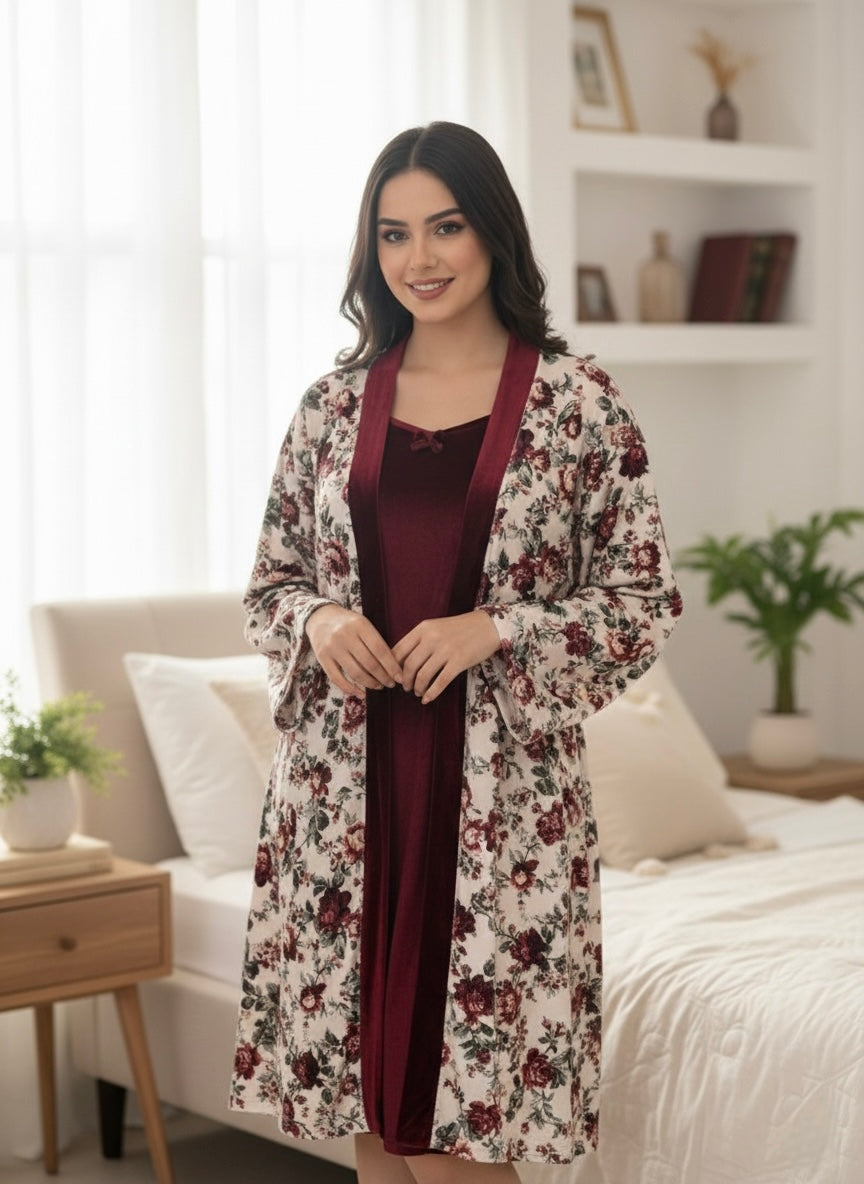 Floral Robe with Velvet Slip Dress