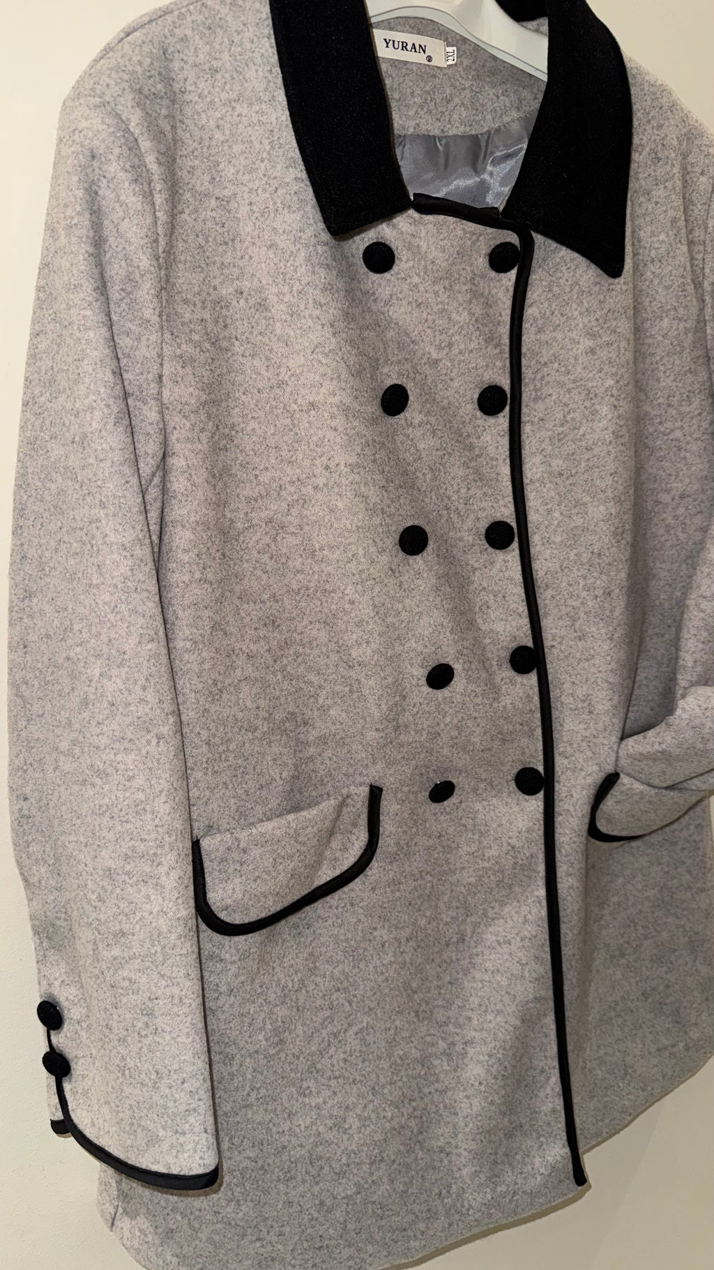 Classic Grey Wool Coat with Contrast Black Trim