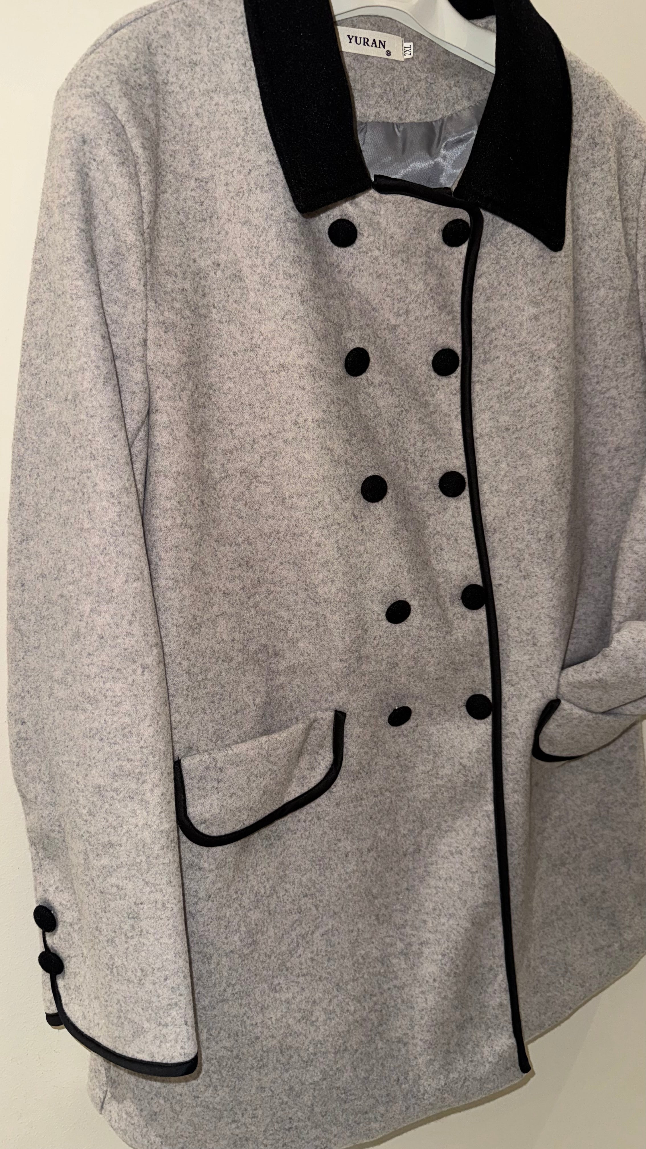 Classic Grey Wool Coat with Contrast Black Trim