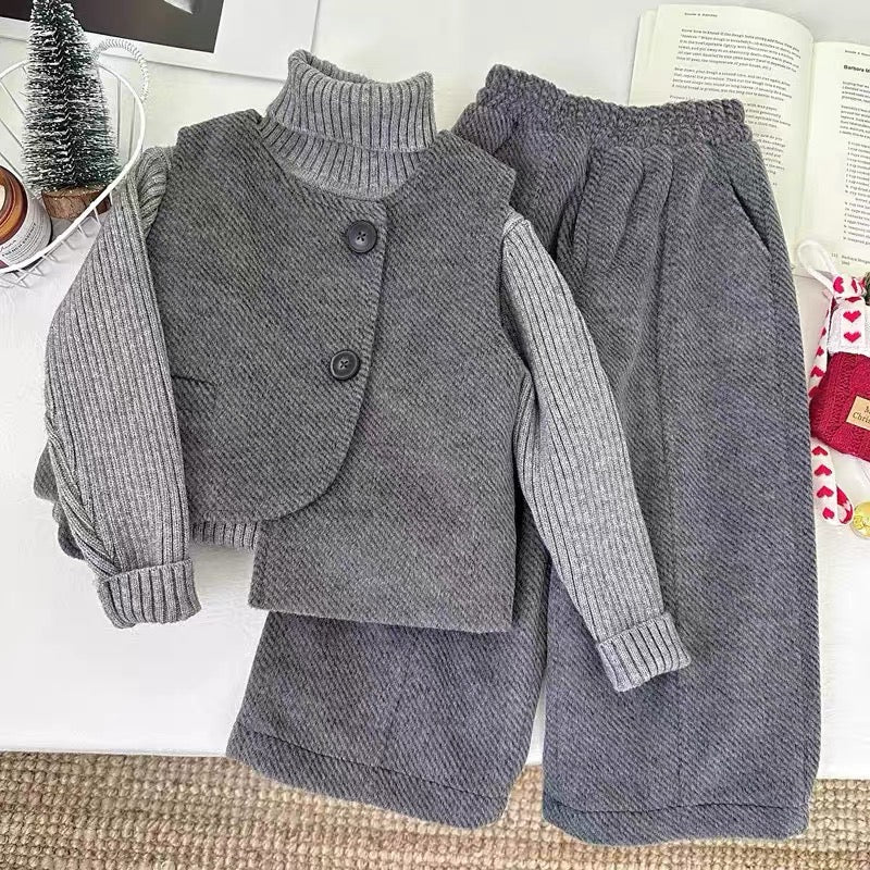 Premium Winter Grey Wool-Style Set: Vest and Wide-Leg Pants