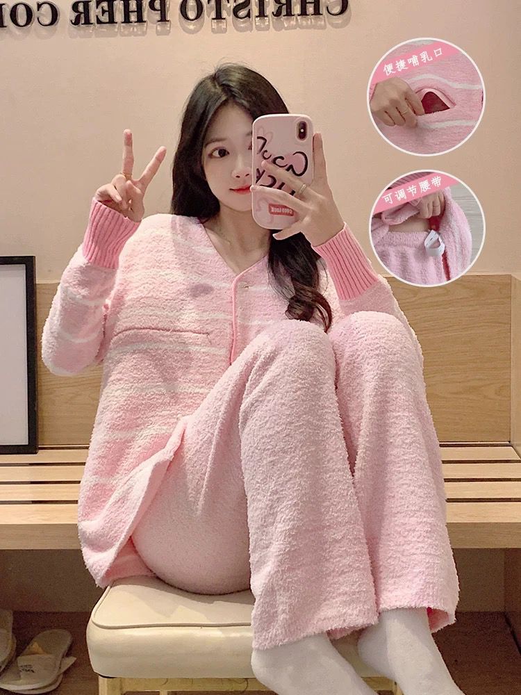 Winter Nursing Pajama Set – Soft Plush Maternity Sleepwear with Breastfeeding Access 🇨🇳