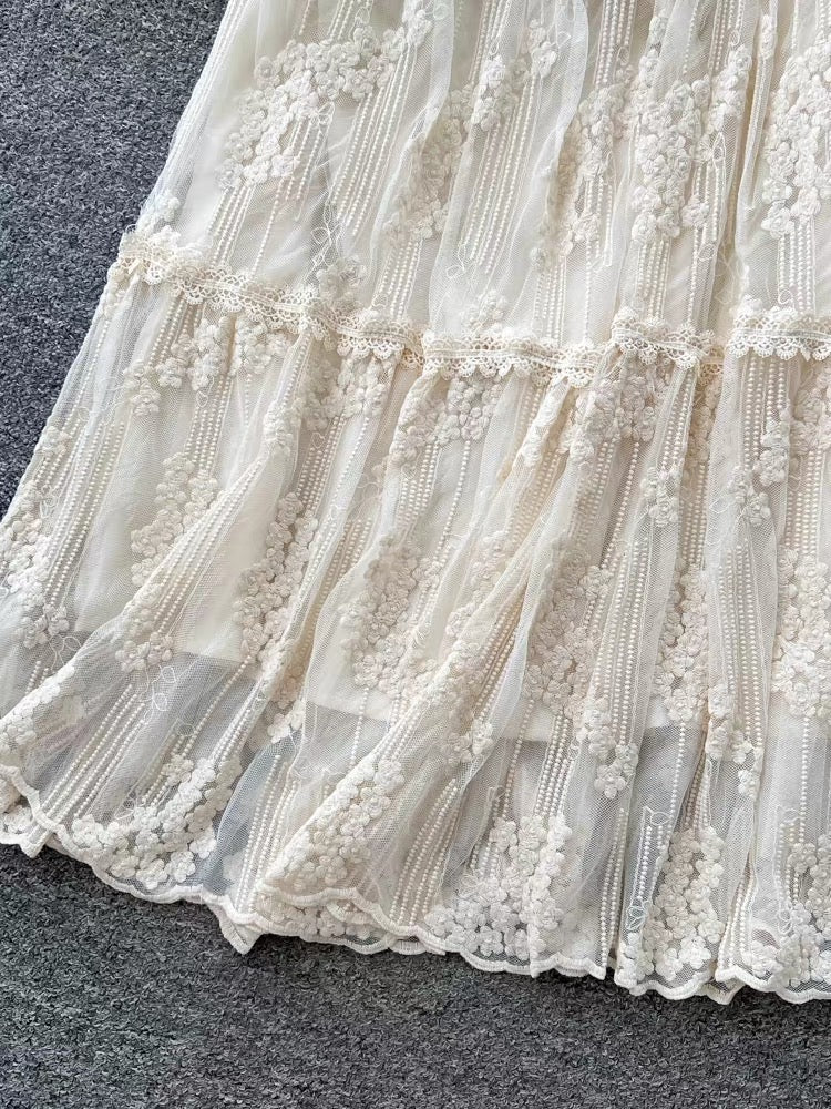 Floral Embroidered Mesh Long Skirt