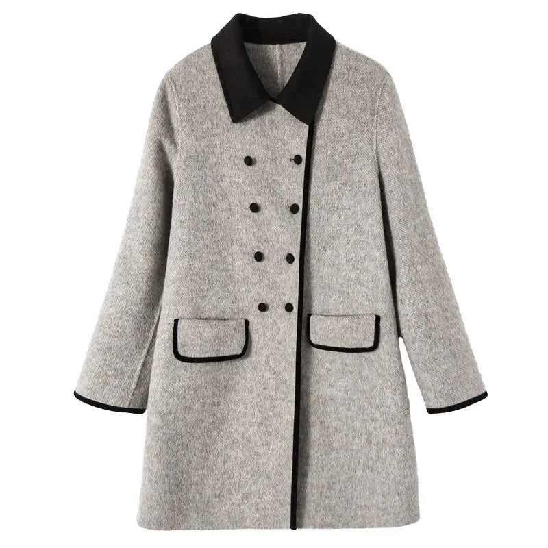 Classic Grey Wool Coat with Contrast Black Trim