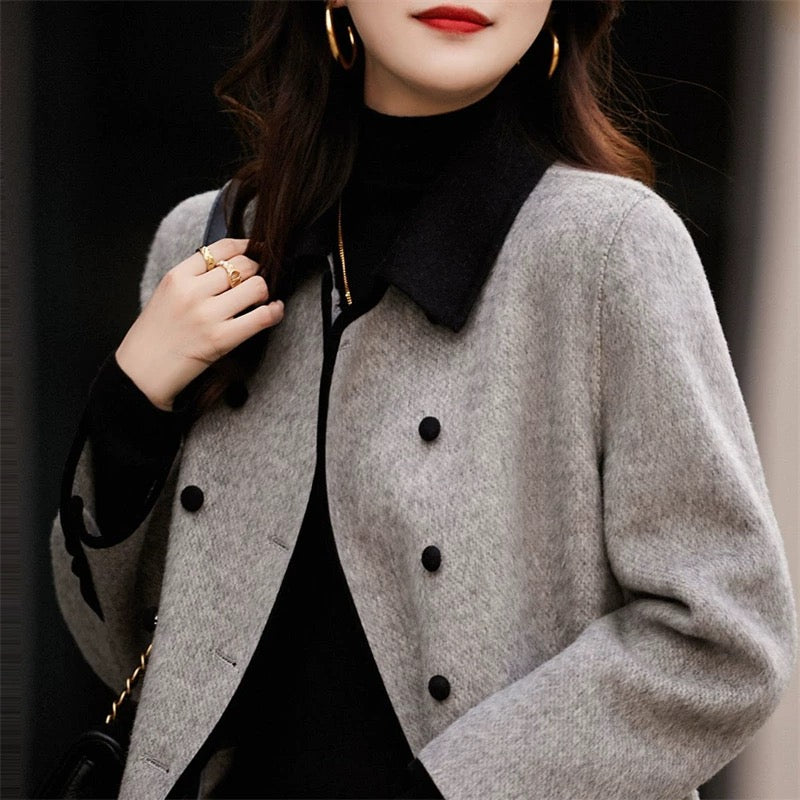 Classic Grey Wool Coat with Contrast Black Trim
