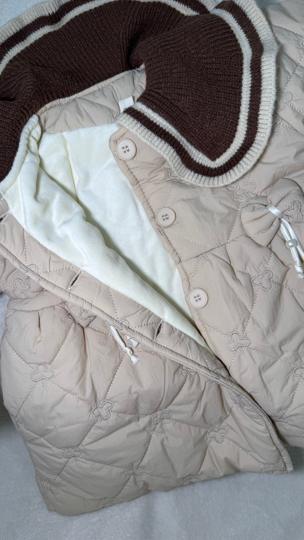 Puffy Jacket with Ribbon Bows and Ribbed Knit Collar 🇰🇷