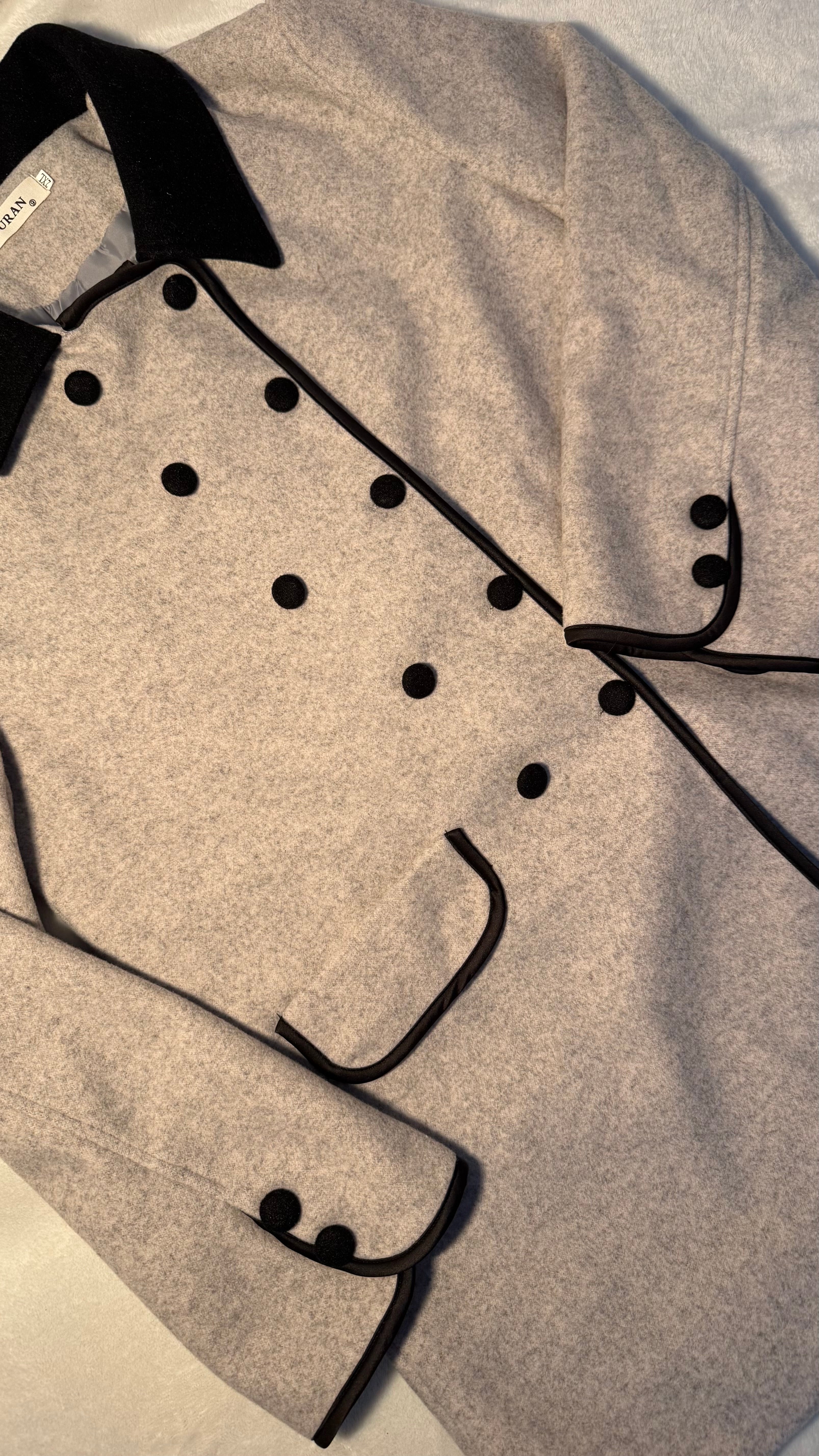 Classic Grey Wool Coat with Contrast Black Trim