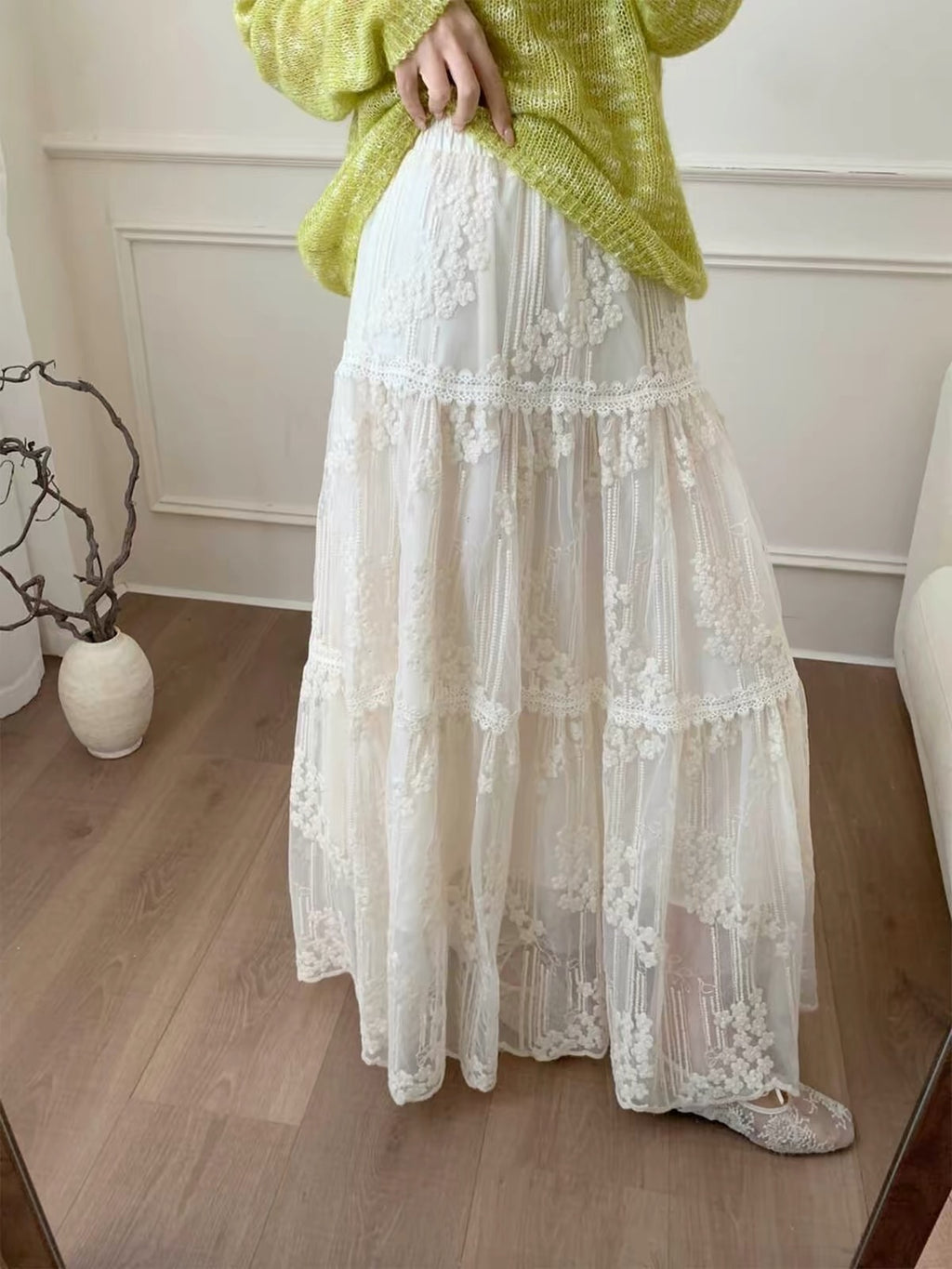 Floral Embroidered Mesh Long Skirt
