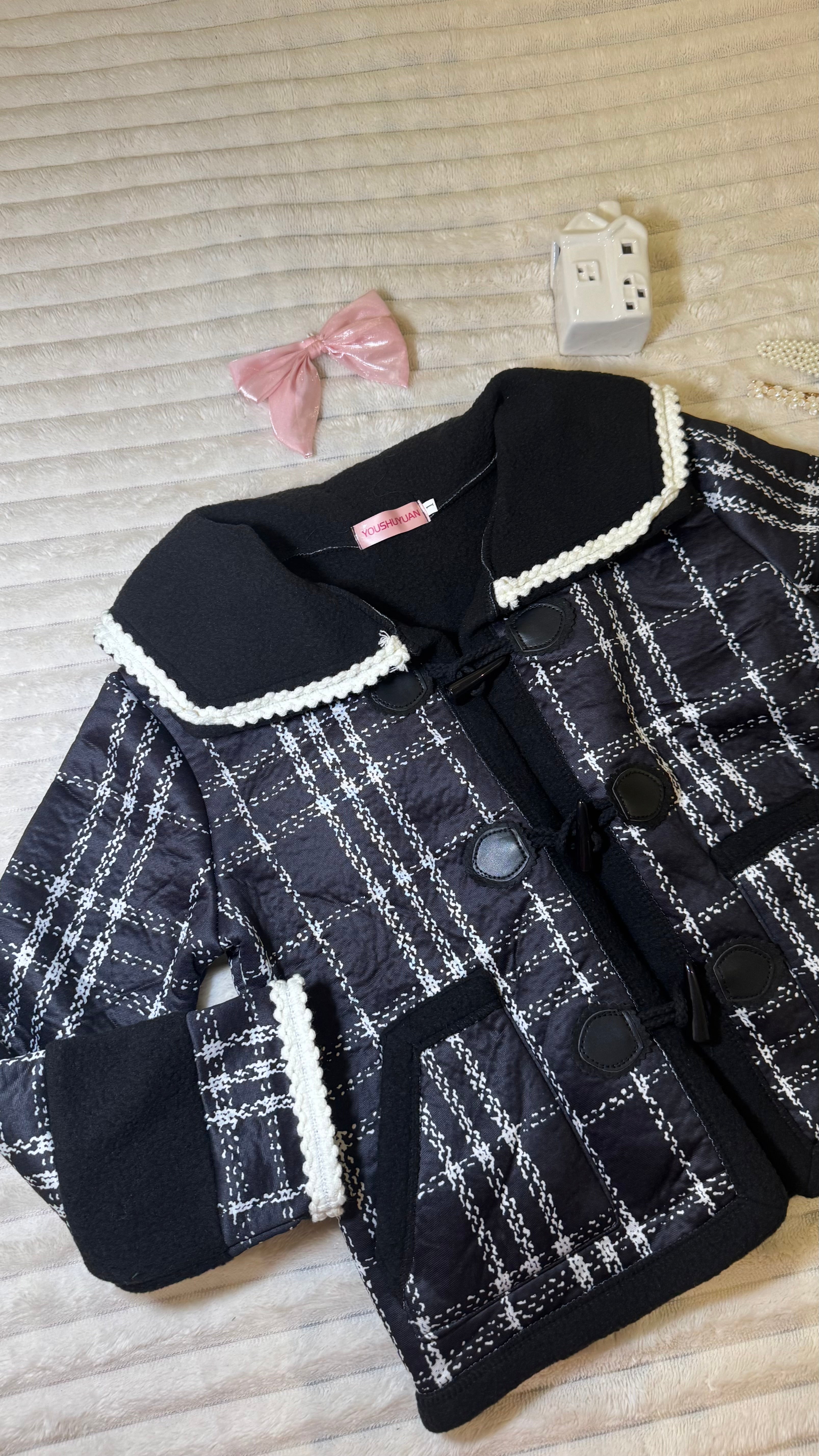 Duffle Jacket with Pan Collar and Crochet Trim