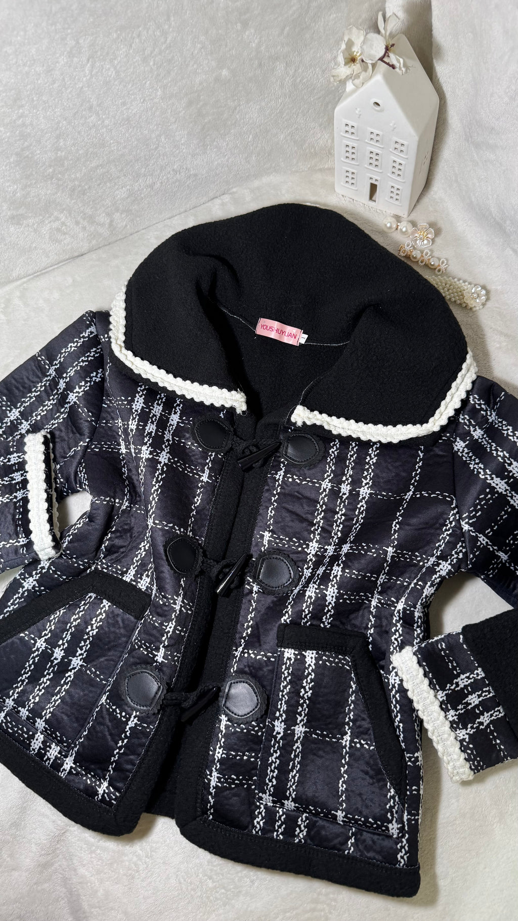 Duffle Jacket with Pan Collar and Crochet Trim