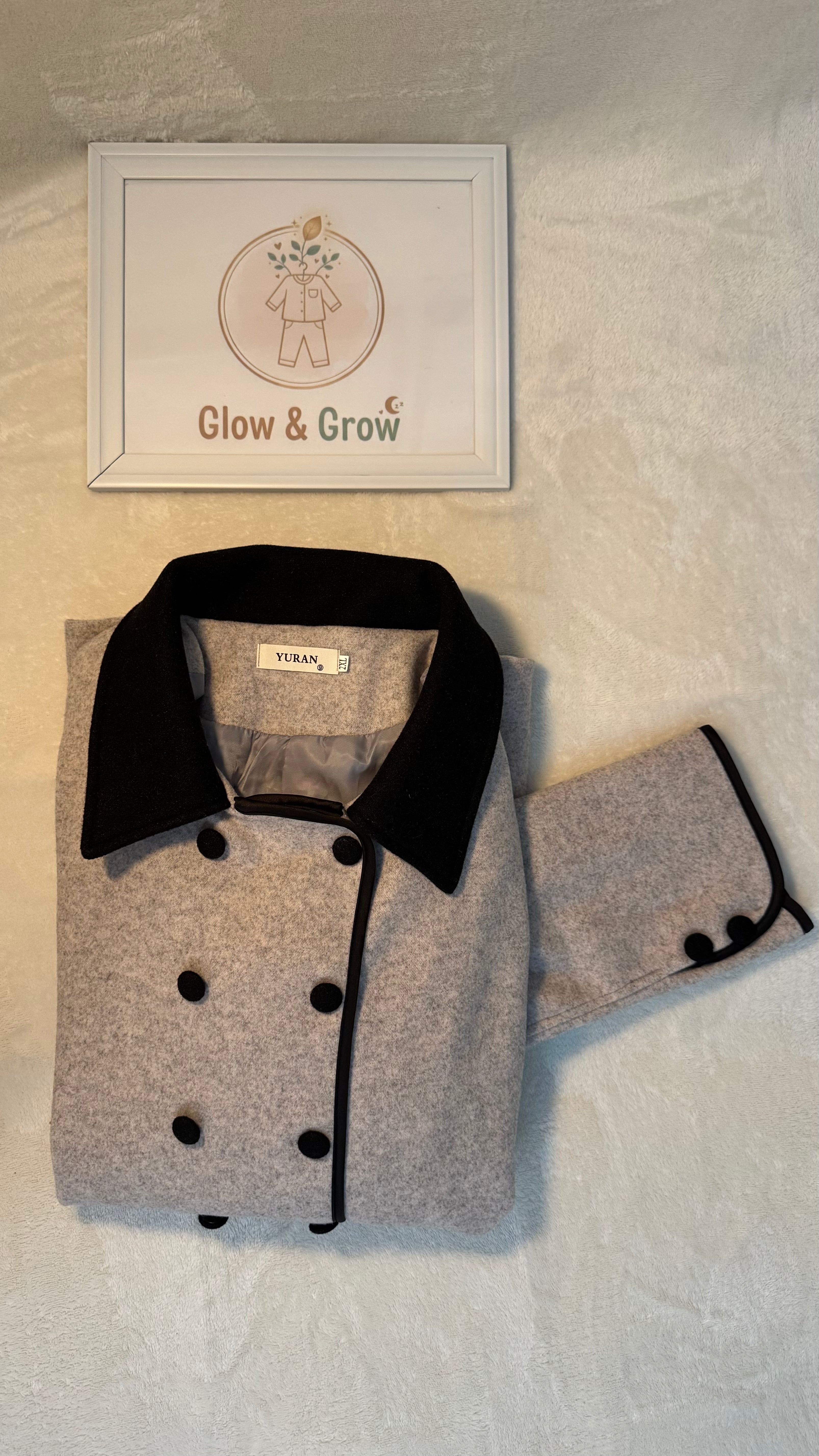 Classic Grey Wool Coat with Contrast Black Trim