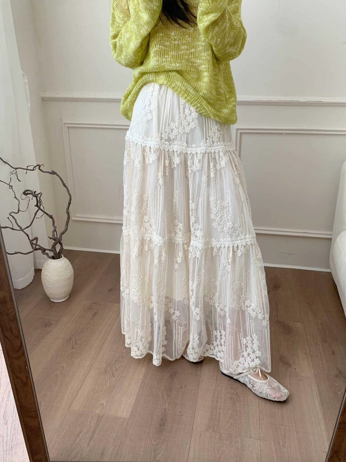 Floral Embroidered Mesh Long Skirt