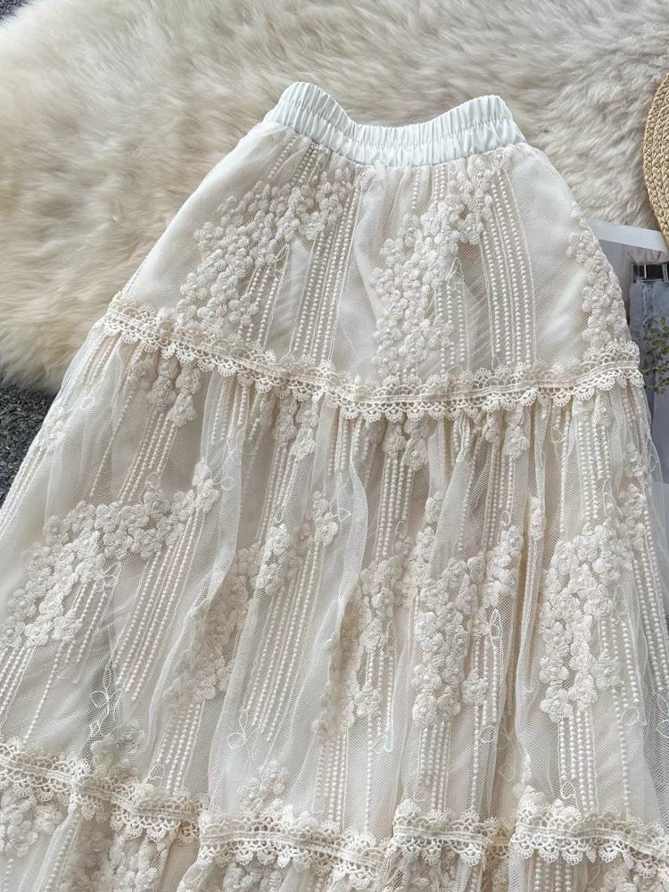 Floral Embroidered Mesh Long Skirt