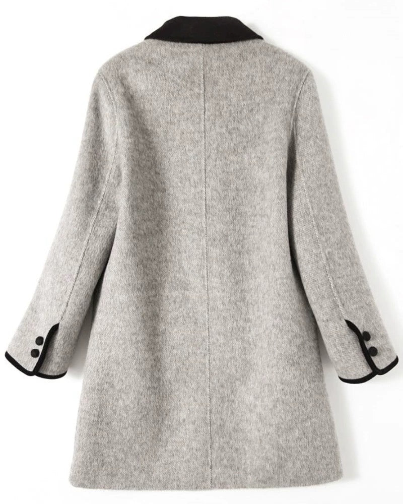 Classic Grey Wool Coat with Contrast Black Trim