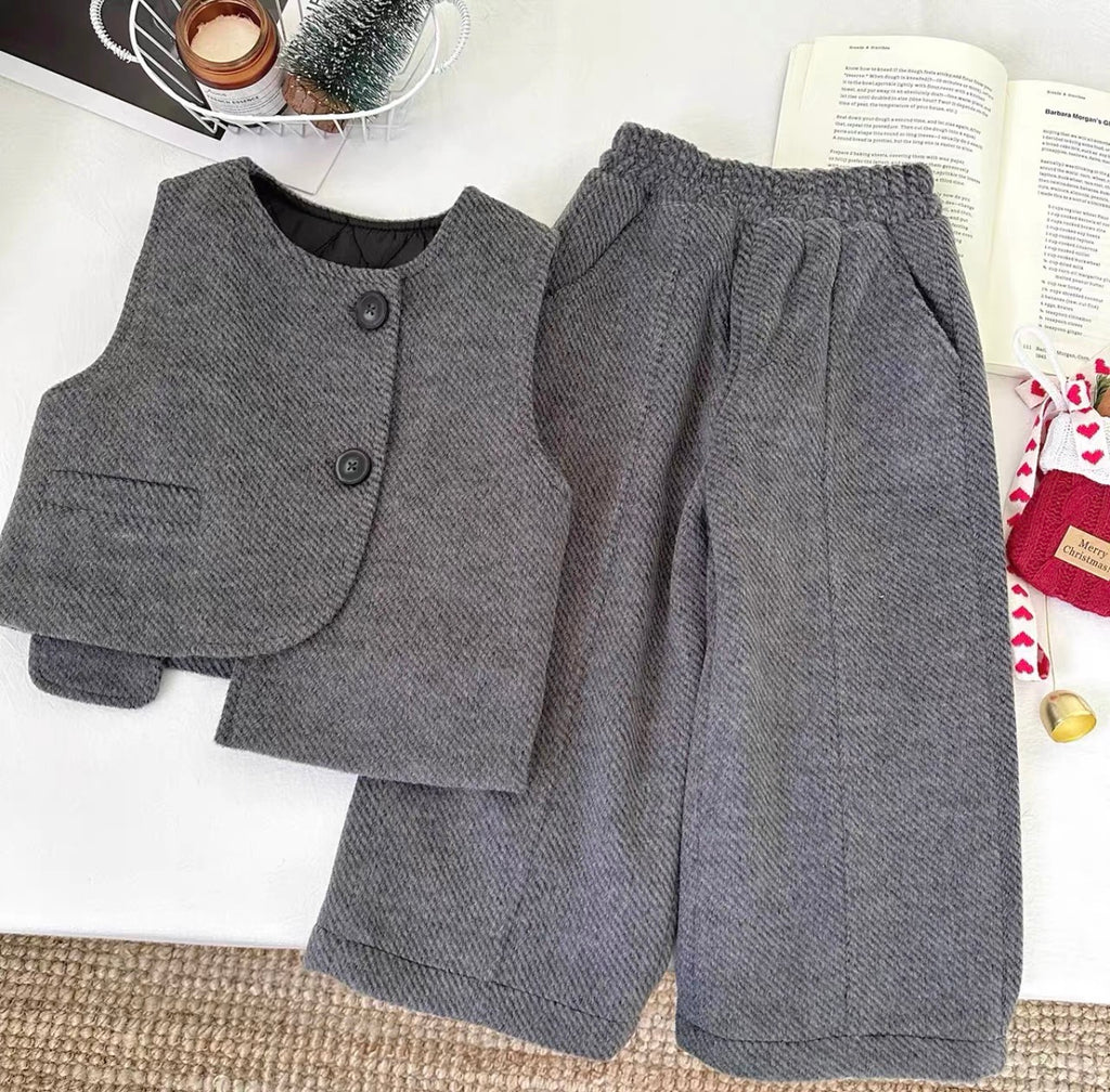 Premium Winter Grey Wool-Style Set: Vest and Wide-Leg Pants