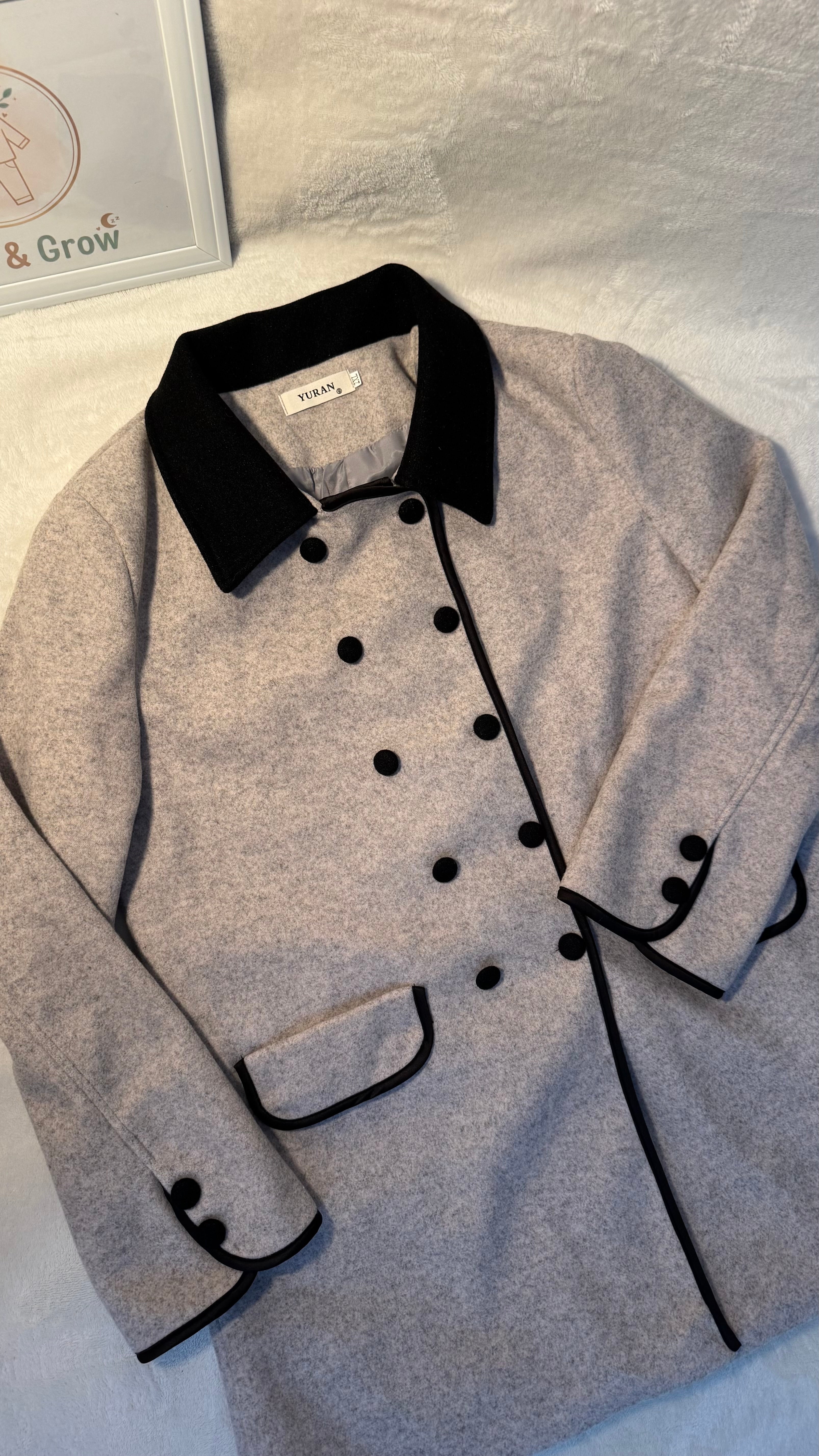 Classic Grey Wool Coat with Contrast Black Trim