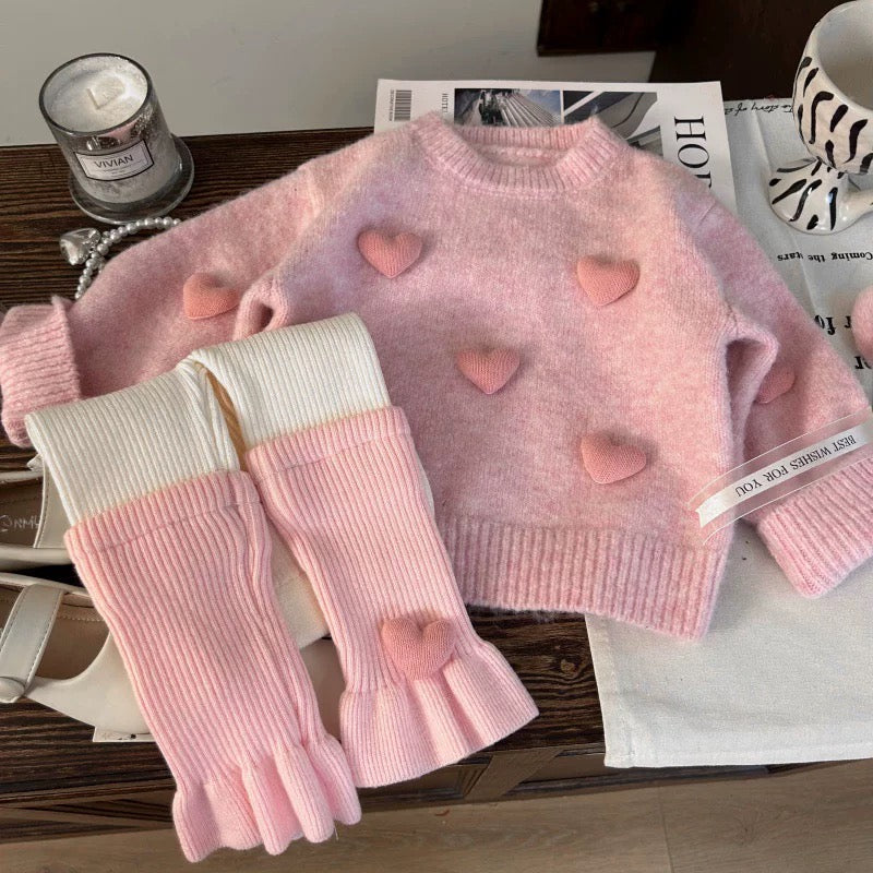 Pink Heart-Embellished Knit Sweater & Ruffle Leg Set