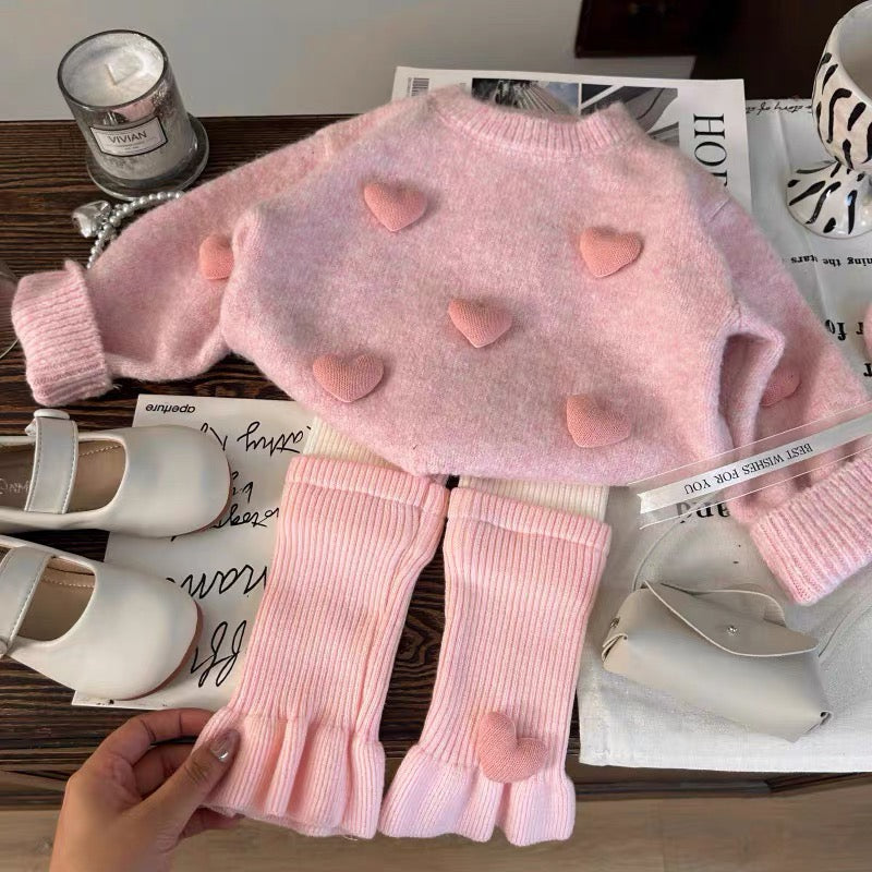 Pink Heart-Embellished Knit Sweater & Ruffle Leg Set