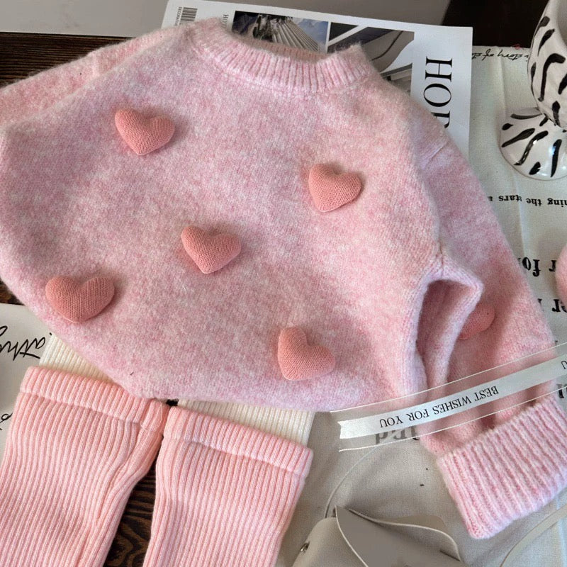 Pink Heart-Embellished Knit Sweater & Ruffle Leg Set