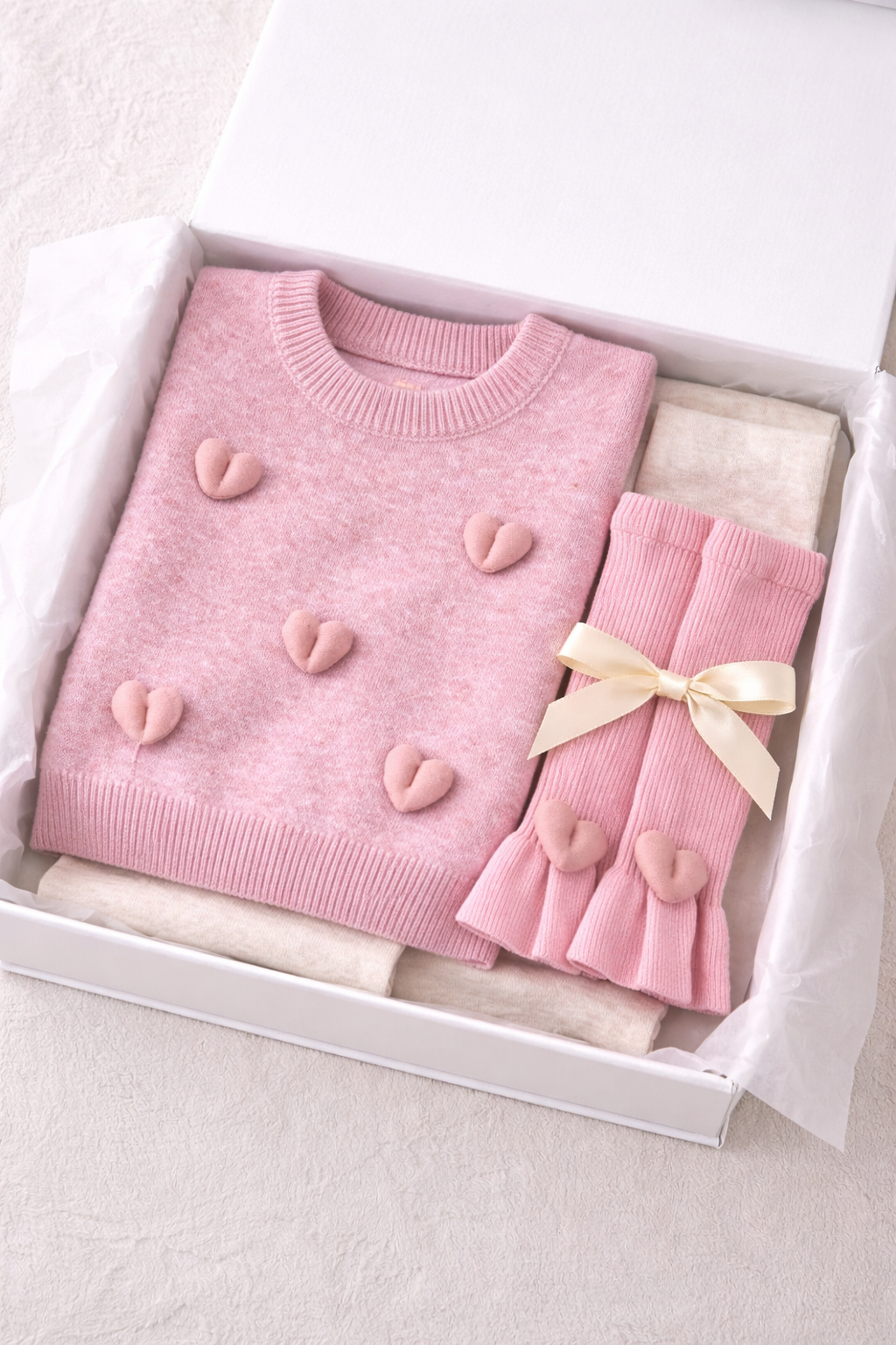 Pink Heart-Embellished Knit Sweater & Ruffle Leg Set