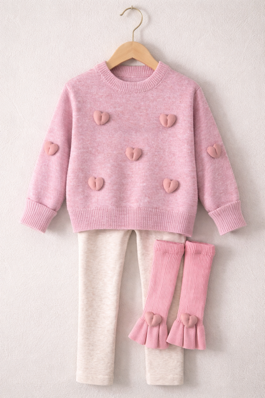 Pink Heart-Embellished Knit Sweater & Ruffle Leg Set